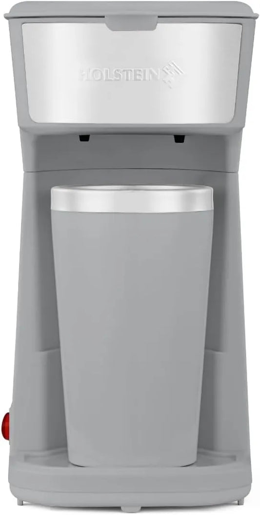 Holstein Housewares Personal Coffee Maker with 14oz Travel Mug – Compact One-Touch Brew Machine with Reusable Filter, Auto Shut-Off, Non-Stick Plate, Ideal for Home, Office, or Dorm. Grey