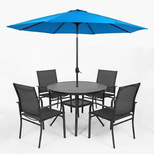 SUNCROWN 6 - Piece Outdoor Dining Set, Patio Furniture Set with 4 Textilene Dinning Chairs, 41" Metal Round Table and 1 Sky Blue 9Ft Patio Umbrella for Lawn Garden Backyard Deck, Black