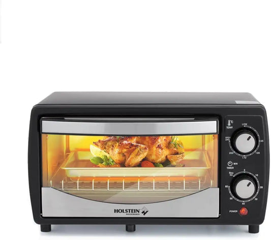 Holstein Housewares 4 Slice Countertop Toaster Oven with 60 Minute Timer Includes Pan and Wire Rack, Perfect for Baking, Broiling, and Toasting Compact Design in Sleek Black for Convenient Kitchen Use