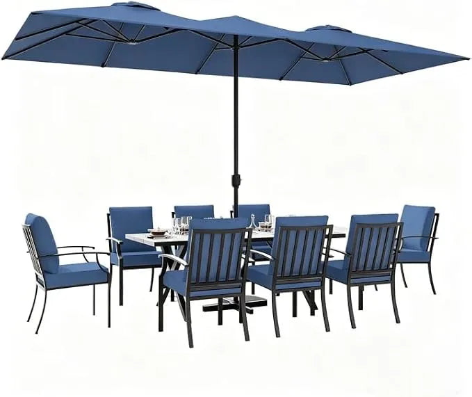 ALAULM 9-Piece Patio Dining Set with 14FT Patio Umbrella,Outdoor Dining Set with 8 Metal Chairs & Rectangle Table with1.5 Umbrella Hole, Patio Dining Table and Chairs for Backyard,Poolsid-DarkBlue