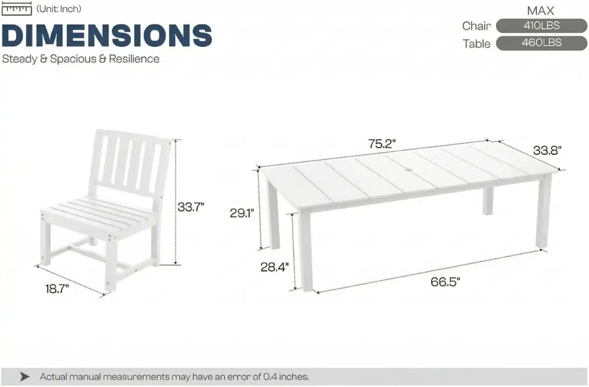Perli™ 5-Piece Outdoor Dining Set, All-Weather HDPE Patio Furniture with 4 Armless Chairs and Rectangular Table, UV-Resistant 4-Person Set for Deck, Backyard, White