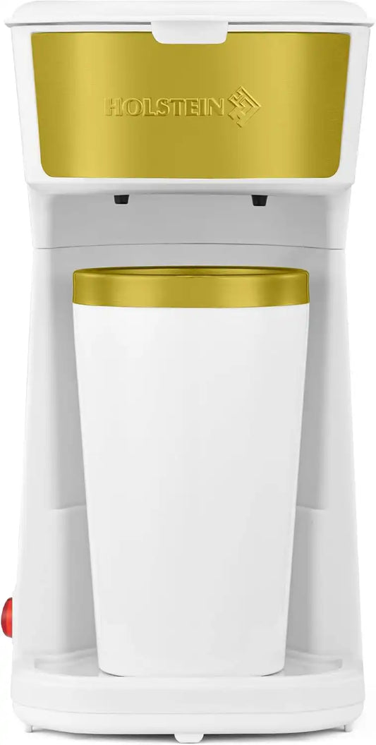 Holstein Housewares Personal Coffee Maker with 14oz Travel Mug – Compact One-Touch Brew Machine with Reusable Filter, Auto Shut-Off, Non-Stick Plate, Ideal for Home, Office, or Dorm. White & Gold