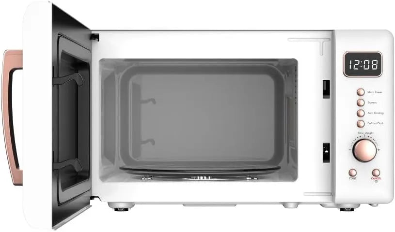 Frigidaire, 0.7 Cu. Ft. Retro Countertop Microwave Oven, 700W Compact Microwave with 8 Auto Cook Menus, Auto Defrost, 5 Power Levels, LED Display, Glass Turntable, White-RoseGold
