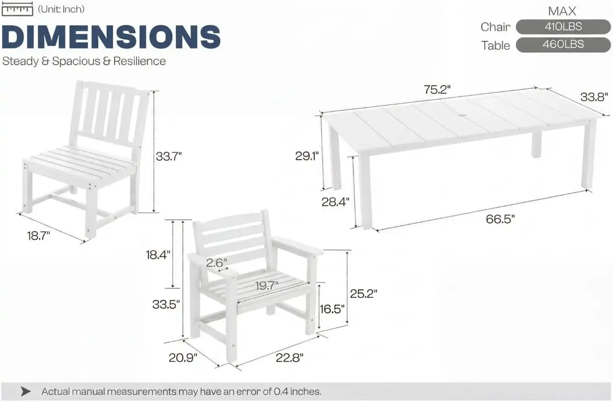 Perli™ 7-Piece Outdoor Dining Set, All-Weather HDPE Patio Table and 6 Chairs with Umbrella Hole, UV-Resistant Composite Wood Dining Furniture for Deck, Backyard, Poolside, White