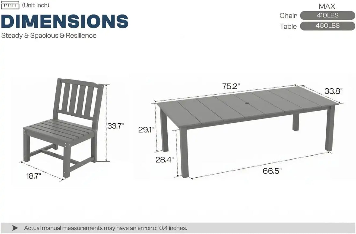 Perli™ 5-Piece Outdoor Dining Set, All-Weather HDPE Patio Furniture with 4 Armless Chairs and Rectangular Table, UV-Resistant 4-Person Set for Deck, Backyard, Grey