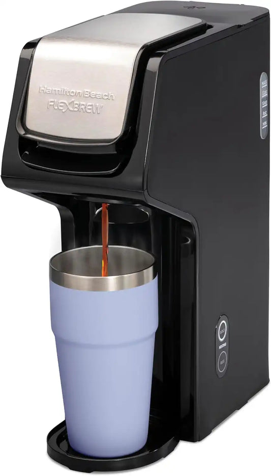 Hamilton Beach 49918 FlexBrew Single-Serve Coffee Maker Compatible with Pod Packs and Grounds, 14 oz, Black, Stainless - Fast Brew