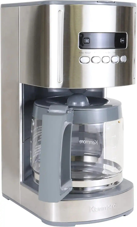 Koolatron Kenmore Aroma Control 12-Cup Programmable Coffee Maker, Stainless Steel Drip Coffee Machine, Glass Carafe, Reusable Filter, Timer, Digital Display, Charcoal Water Filter, Regular or Bold