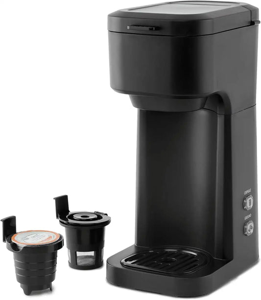 Compact Single Serve Dual Brew Coffee Maker - Compatible with Ground Coffee or K-Cups Pods | Adjustable Cup Size | Home & Office Coffee Brewer