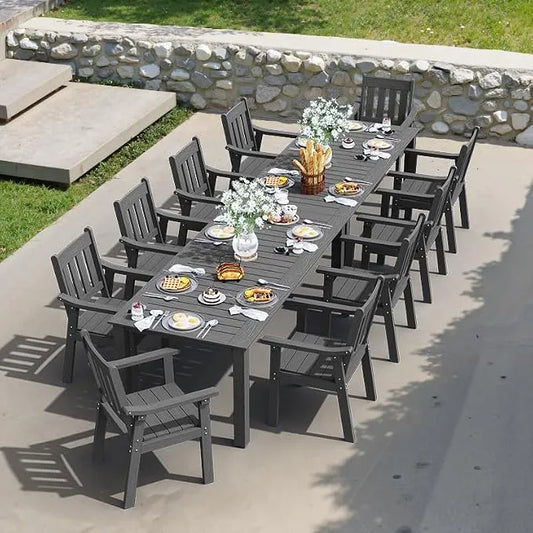 YEFU Outdoor Dining Set for 10, All-Weather HIPS, Aluminum Frame, Grey