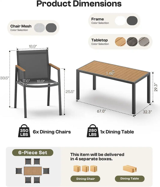 Outdoor Dining Table, Aluminum Patio Table Set, All Weather Patio Dining Furniture Set with Umbrella Hole for Backyard, Deck, Poolside (Gray-Teak)