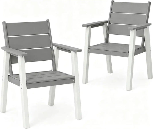 Outdoor Dining Chairs Set of 2,HDPE Patio Chairs with Wide Seat,Ergonomic Design Outdoor Furniture for Porch,Backyard,Deck,White and Grey
