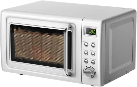 LDAILY 0.7Cu.ft Retro Small Microwave Oven, 700W Compact Countertop Microwave with 5 Power Levels, Auto Cooking Menus, Glass Turntable, Child Lock & Glass Turntable for Apartment, Dorm (White)