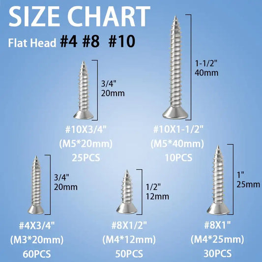 INDPRDO 175Pcs Stainless Steel Wood Screws Assortment Kit, #4#8#10 Phillips Flat Head Sheet Metal Screws Set, Self Tapping Screws for Metal, Small Screws,5 Sizes(3/4", 1/2", 1", 3/4", 1-1/2")