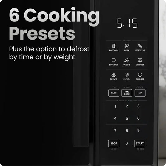 Chefman Countertop Microwave Oven 0.9 Cu. Ft., 900 Watts with 10 Power Levels, 6 Cooking Presets with One-Touch Express Cook, Eco Mode, Child Safety Lock, & Mute Button - Black