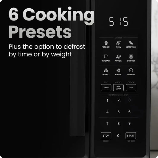 Chefman Countertop Microwave Oven 1.1 Cu. Ft., 1000 Watts with 10 Power Levels, 6 Cooking Presets with One-Touch Express Cook, Eco Mode, Child Safety Lock, & Mute Button - Black