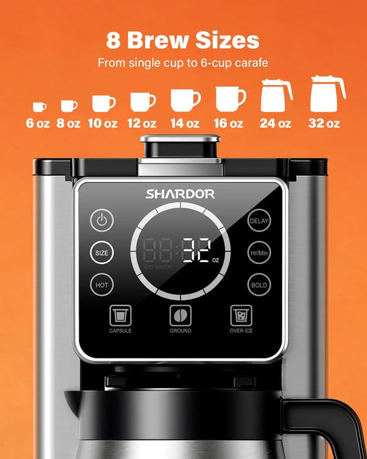 SHARDOR Single Serve & Carafe Coffee Maker, Dual Brew for K Cup Pods & Ground Coffee, Hot & Iced Drip Coffee Machine, 6-32oz Sizes, 95oz Removable Water Reservoir, 24H Programmable, Thermal Carafe