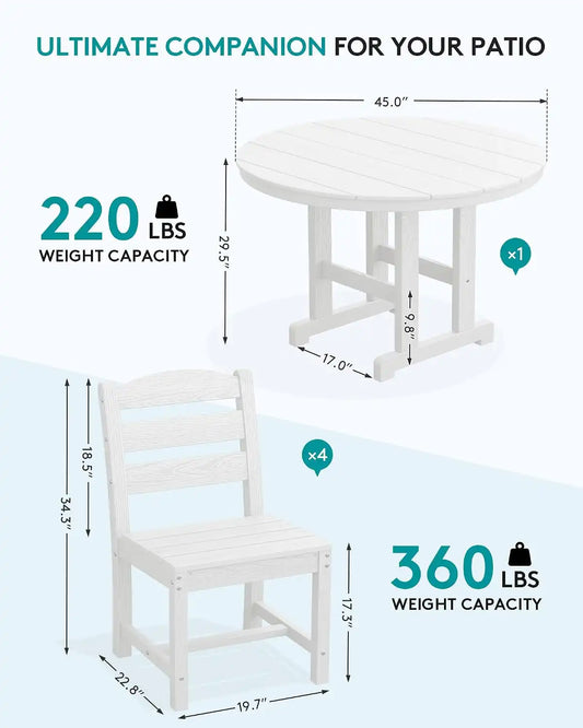 SERWALL 5-Piece Patio Dining Set, 45" Table & 4 Armless Chairs, White