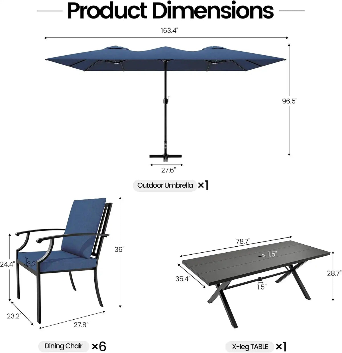 8 PCS Outdoor Patio Dining Set with 13.6ft Double-Sided Patio Umbrella,Patio Table and Chairs Metal Outdoor Patio Furniture Set,Dining Table Set with 6 Chairs,Navy Blue