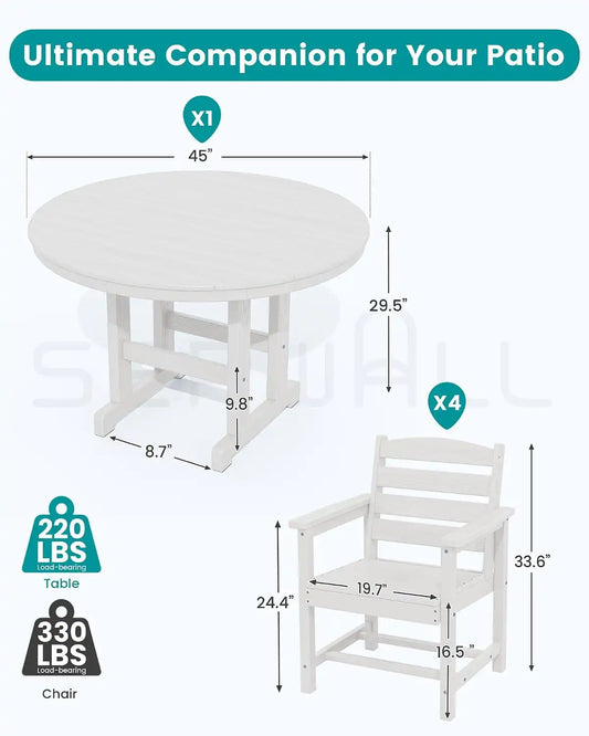 SERWALL 6-Pc Dining Set, 45" Table, 4 Chairs&9FT Umbrella, White (No Base)