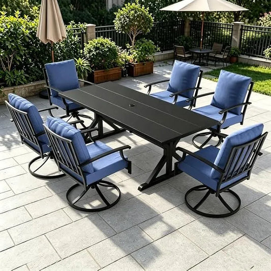 ALAULM 7-Piece Patio Dining Set,Outdoor Metal Dining Set with 6 Swivel Chairs & Rectangle Table with 1.5 Umbrella Hole, Patio Dining Table and Chairs for Backyard,Navy