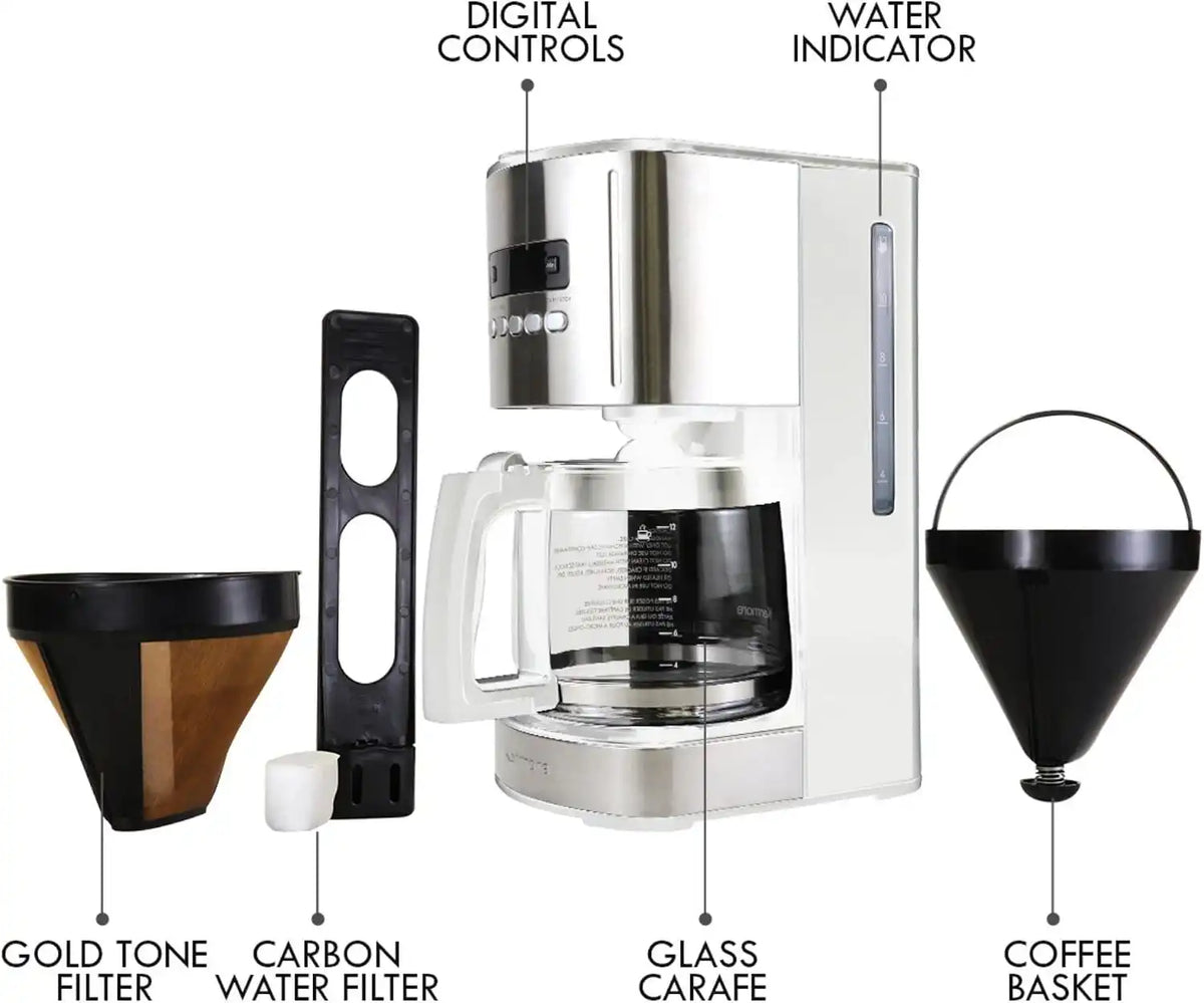 enmore Aroma Control 12-cup Programmable Coffee Maker, White and Stainless Steel Drip Coffee Machine, Glass Carafe, Reusable Filter, Timer, Digital Display, Charcoal Water Filter, Regular or Bold