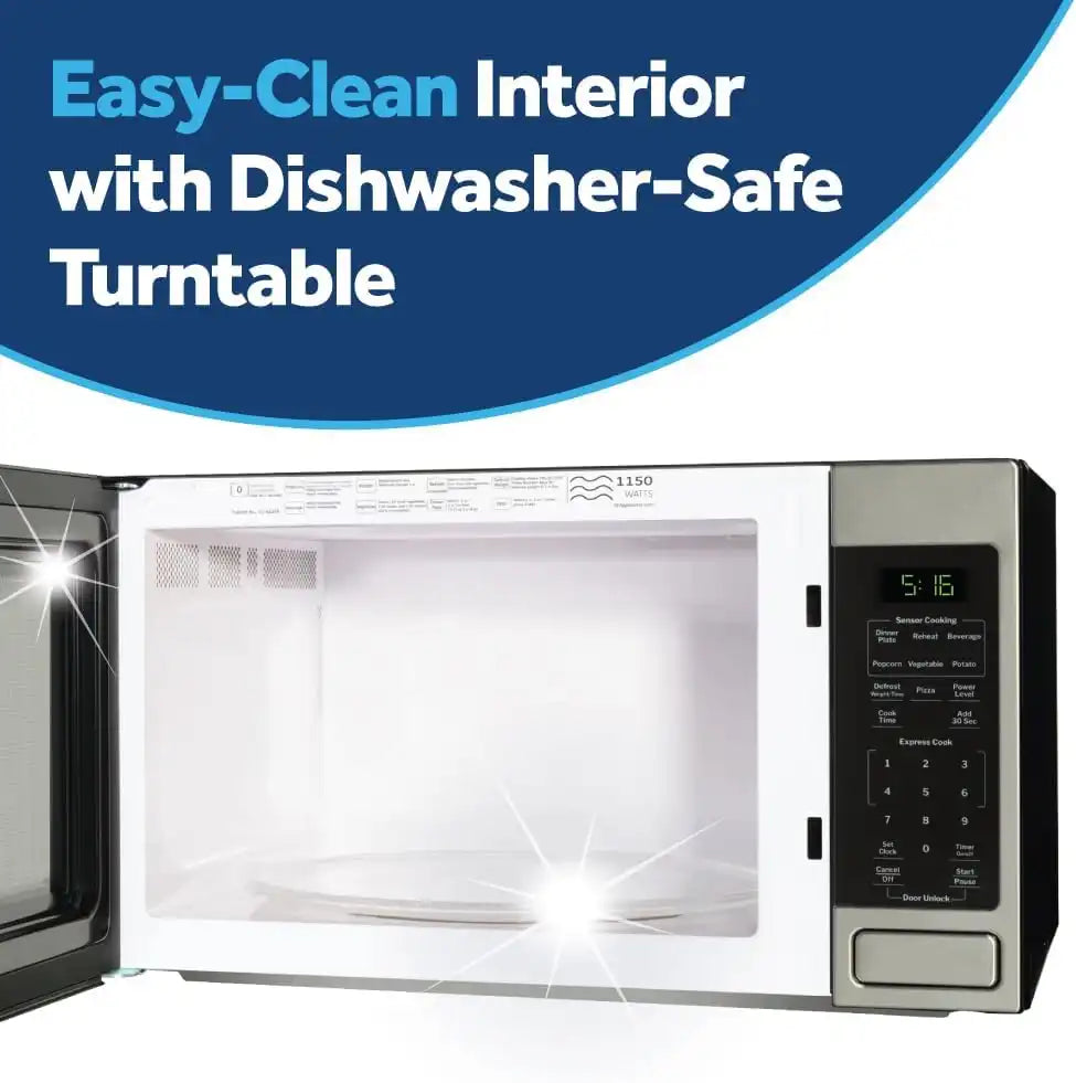 GE Countertop Microwave Oven, 1,150-watt Capacity, 1.6 Cubic Ft., 8 Auto Cooking Settings, Child-Lock Technology, Kitchen Essentials for The Countertop, Dorm Room or Apartment, Black Stainless