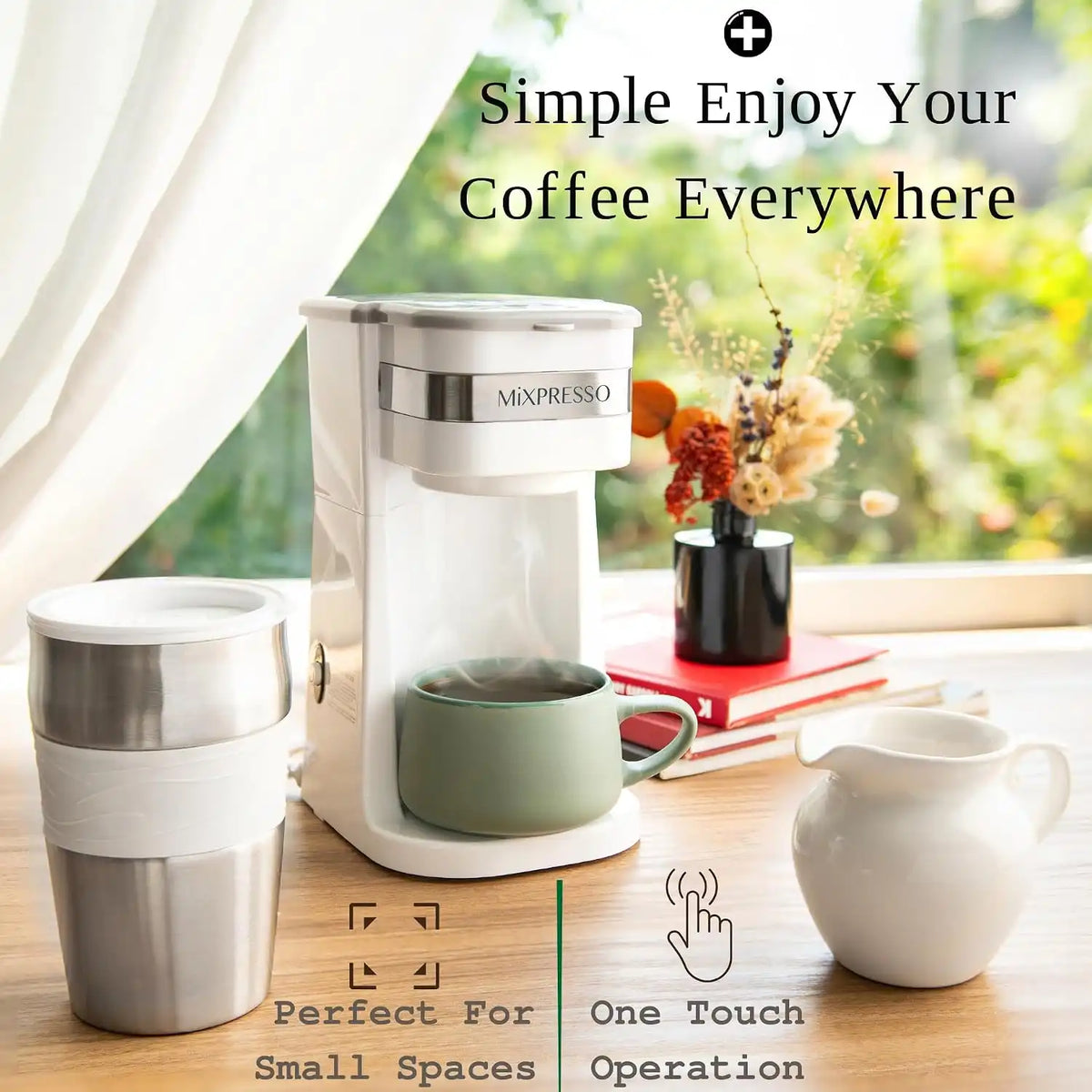 Mixpresso Single Serve & Single Cup Coffee Maker with 14oz Travel Mug White
