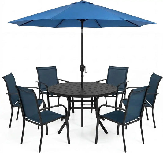 SUNCROWN 8 - Piece Outdoor Dining Set, Patio Furniture Set with 6 Textilene Dinning Chairs, 53" Metal Round Table and 1 Dark Blue 9Ft Patio Umbrella for Lawn Garden Backyard Deck, Blue
