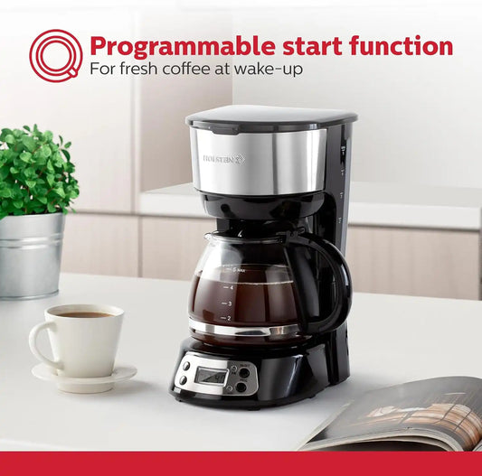Holstein Housewares 5-Cup Programable Coffee Maker, Convenient and User Friendly, Black and Stainless Steel with Auto Pause and Serve Function, Glass Carafe