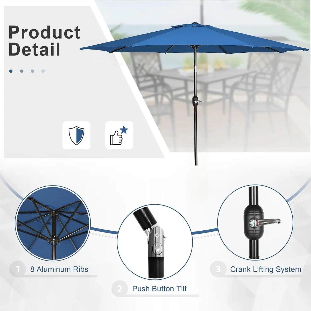 SUNCROWN 8 - Piece Outdoor Dining Set, Patio Furniture Set with 6 Textilene Dinning Chairs, 53" Metal Round Table and 1 Dark Blue 9Ft Patio Umbrella for Lawn Garden Backyard Deck, Blue