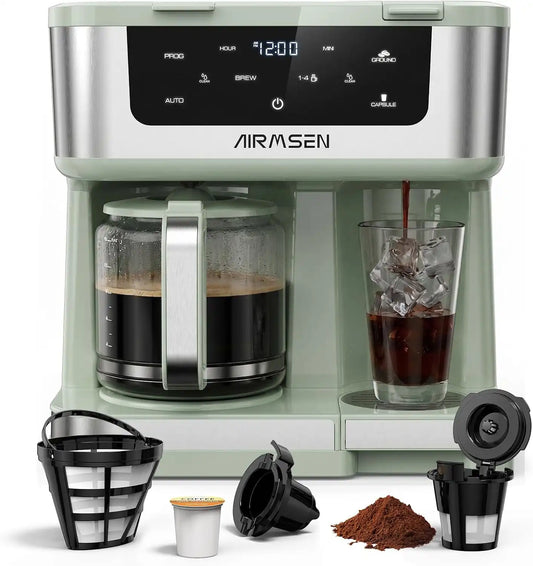 AIRMSEN 12-Cup Programmable Dual Coffee Maker – Single Serve Machine for K-Pods & Ground, 1000W Fast Brew, Delay Start, 2H Keep Warm, Touchscreen, 60oz Tank, Glass Carafe – Home & Office