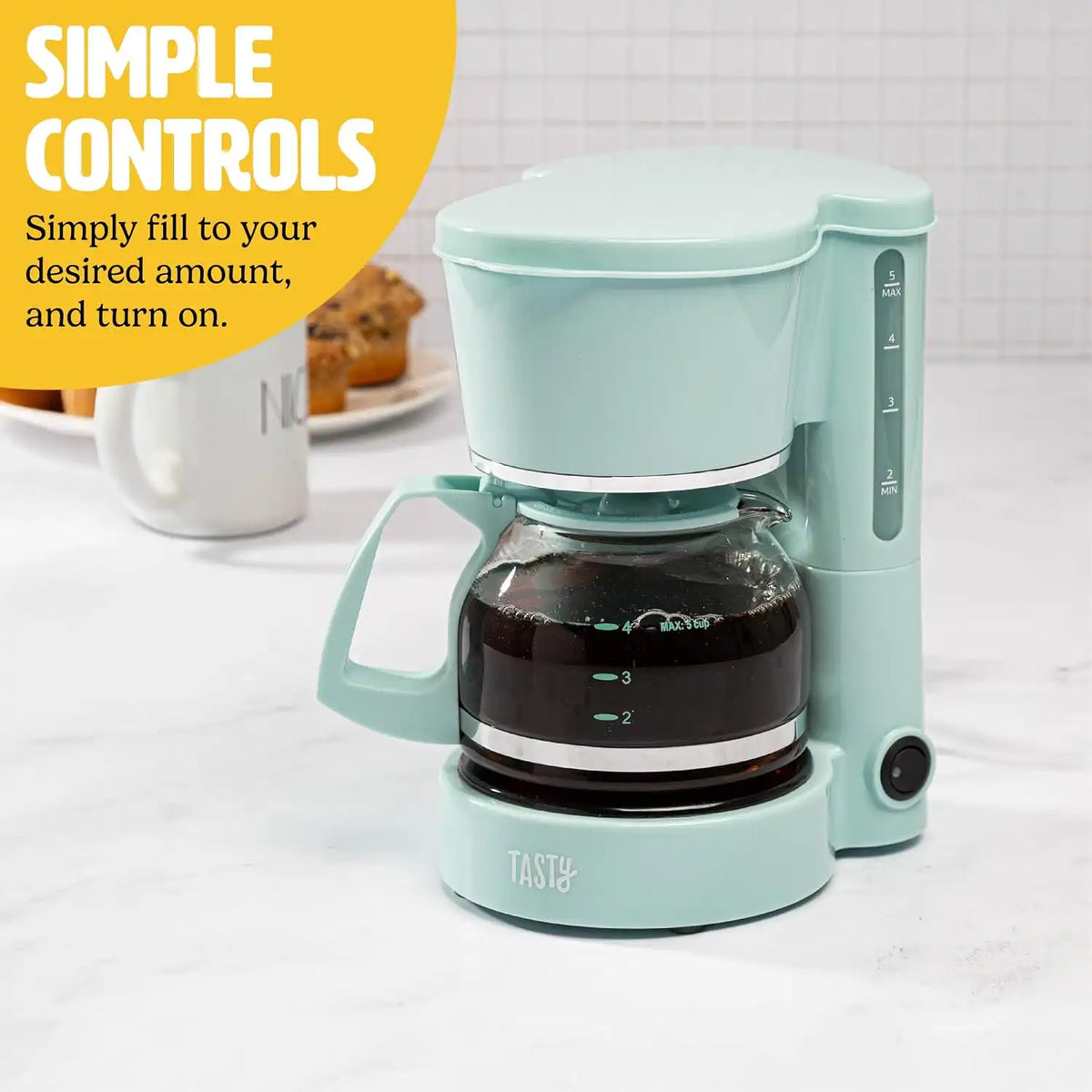 Tasty 5-Cup Coffee Maker with Auto Pause & Pour, Reusable Filter, Easy View Water Reservoir and Warming Plate, Glass Carafe, Compact Brew & Drip Coffee Maker, 5-Cup, Aqua