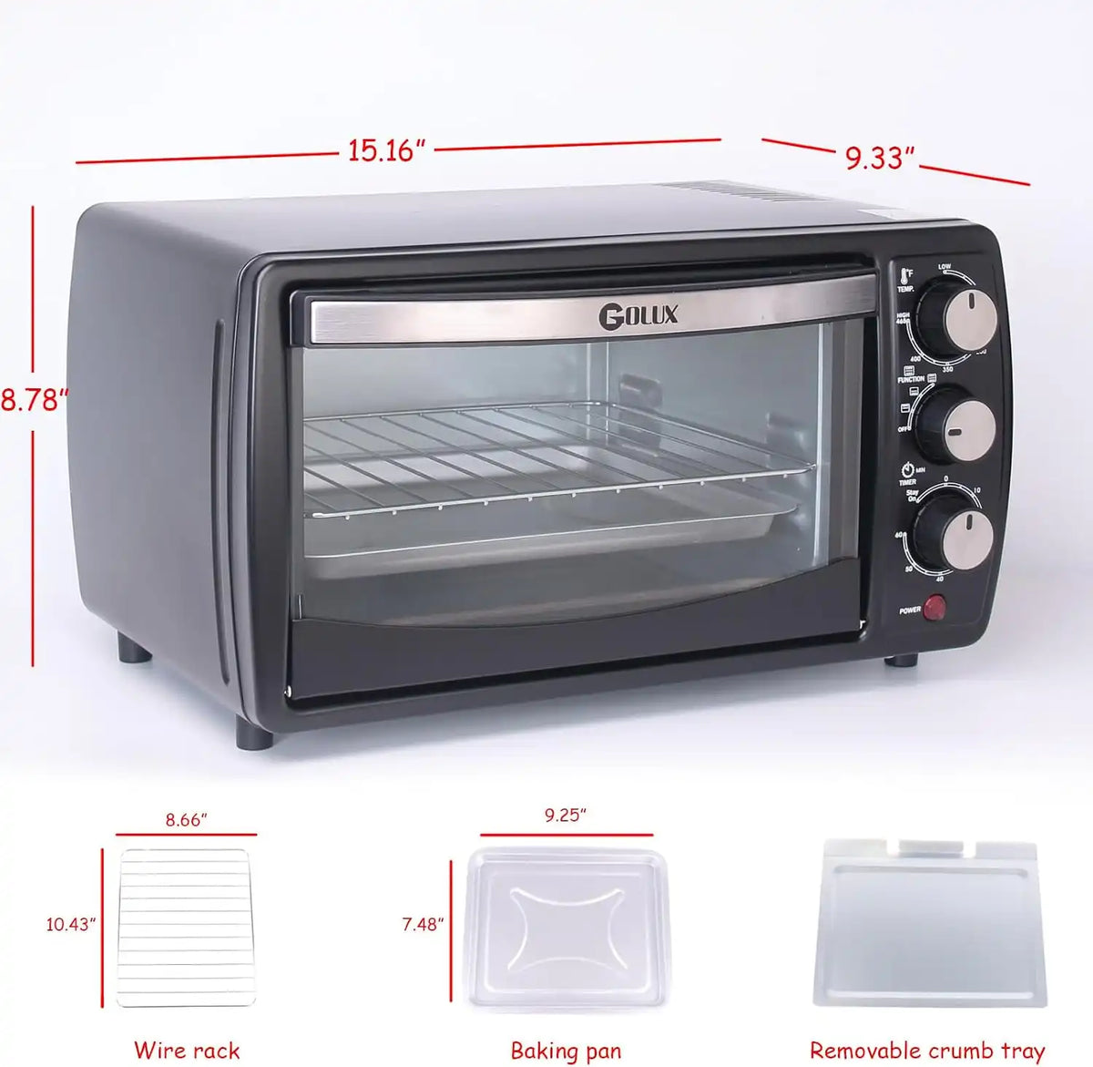 GT12 Black Countertop Toaster Oven, 12L Compact Small Oven, 1200W, Fits 4 Slices, 4 Cooking Modes, 60-Min Timer & Adjustable Temperature, For Toast, Bake & Broil, Ideal for Apartment & Dorm