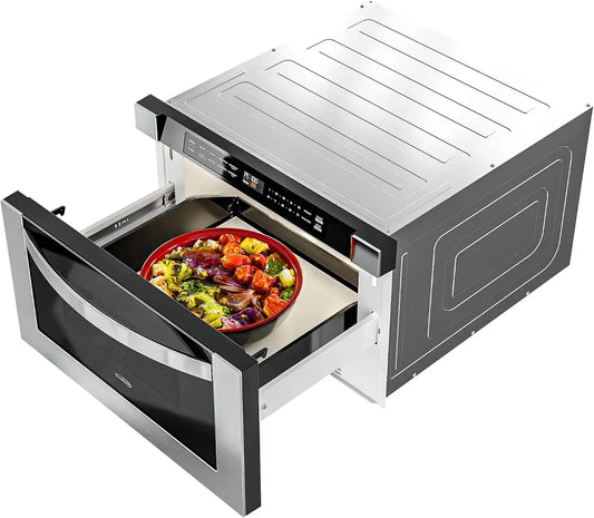 KoolMore 24 Inch Stainless-Steel Microwave Drawer with 1.2 cu. ft. Capacity, 1000W Power with 10 Custom Cooking Levels, Memory, and Timer Functions, Wall-Mounted with Flat Bottom (KM-MD-1SS)