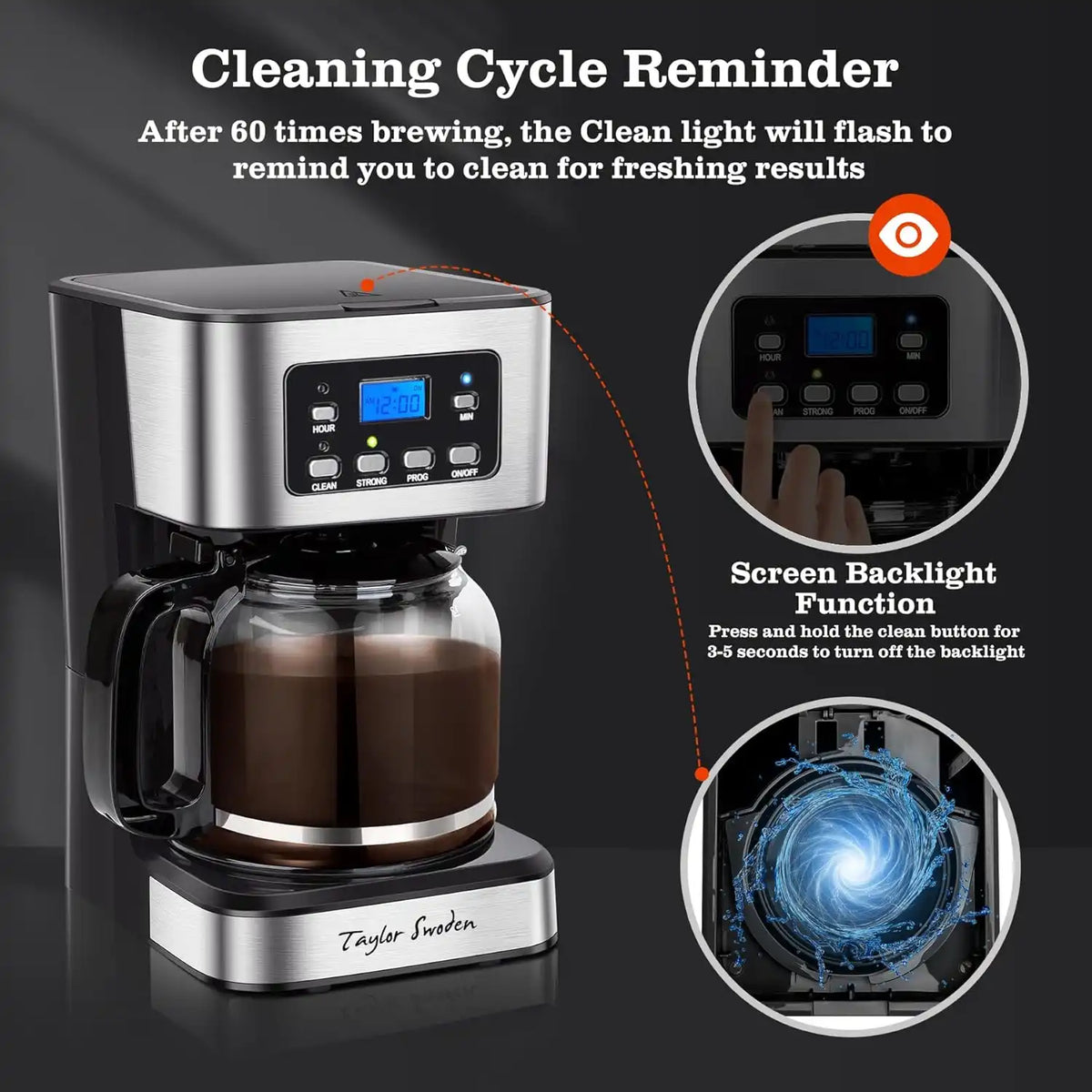 Taylor Swoden 12-Cup Programmable Coffee Maker, Black & Stainless Steel