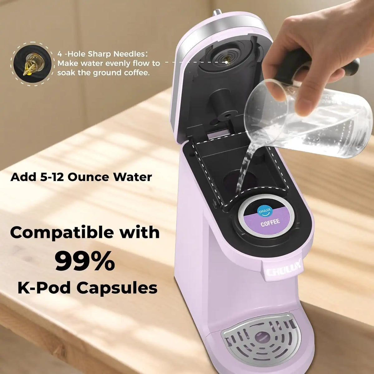 CHULUX Mini Single One Cup Coffee Maker for K Pod, Auto Shut Off, Lavender