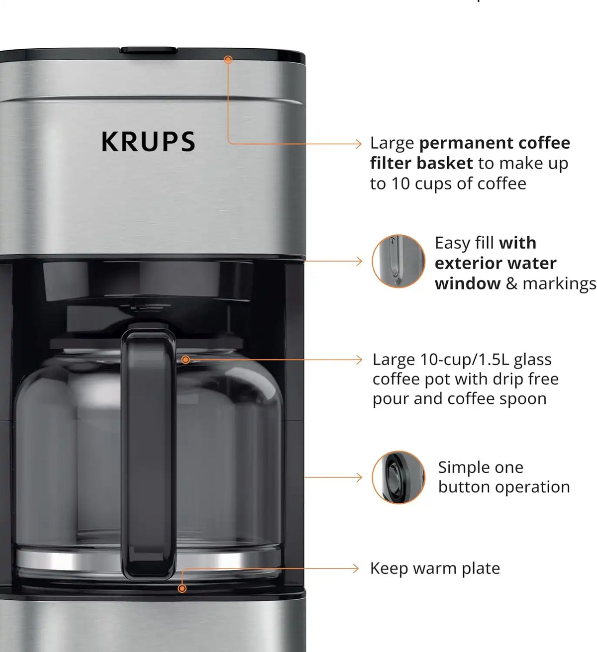 KRUPS Coffee Maker 10 Cups Simply Brew Stainless Steel Drip Coffee Maker, 900 Watts Coffee Filter, Drip Free, Dishwasher Safe Pot, Black & Silver