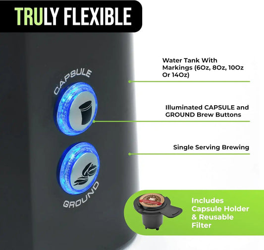 Tru Single Serve Dual Brew Coffee Maker for Capsules or Grounds
