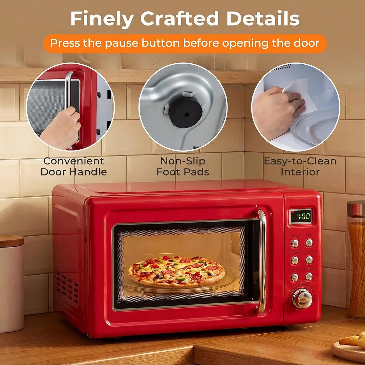 LDAILY 0.7Cu.ft Retro Small Microwave Oven, 700W Compact Countertop Microwave with 5 Power Levels, Auto Cooking Menus, Glass Turntable, Child Lock & Glass Turntable for Apartment, Dorm (Red)