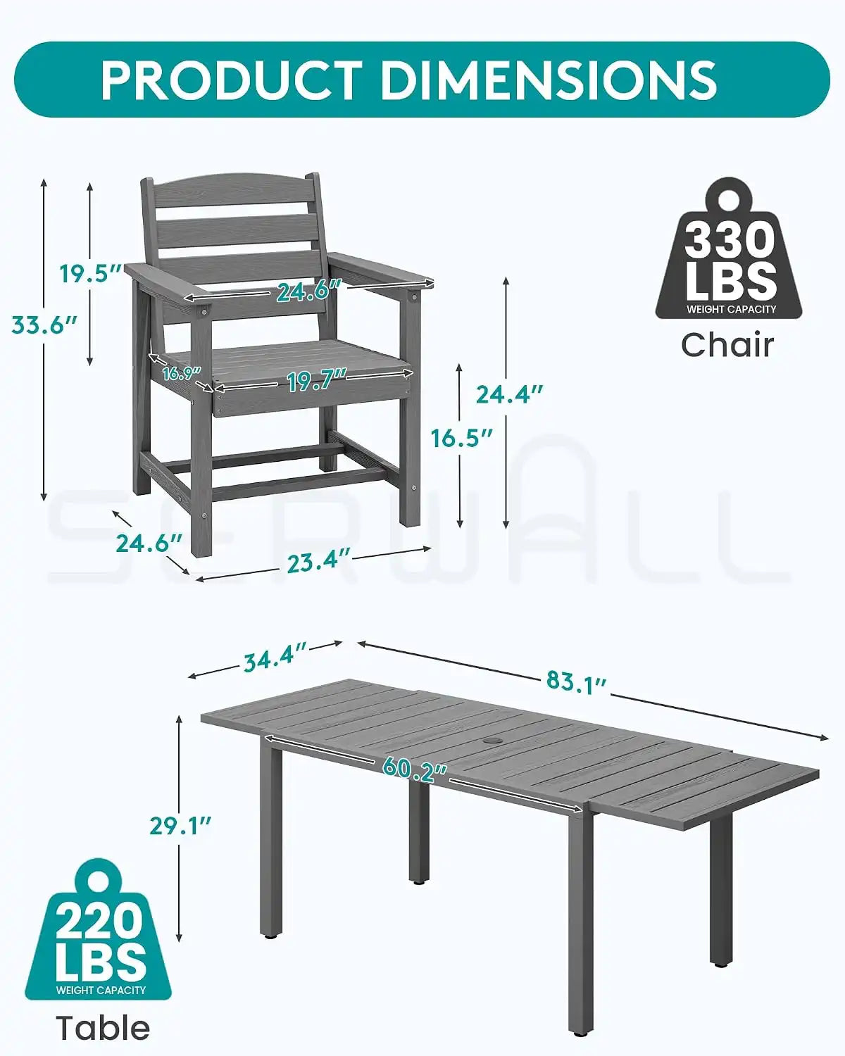 SERWALL Outdoor Expandable Dining Table 60" - 83", Grey