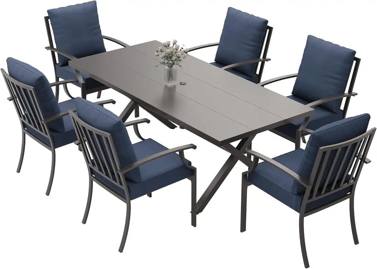 ALAULM 7-Piece Patio Dining Table and Chairs Outdoor Dining Set for 6 Patio Dining Sets with Rectangular Metal Table with Umbrella Hole for Patio, Backyard, Garden-DarkBlue