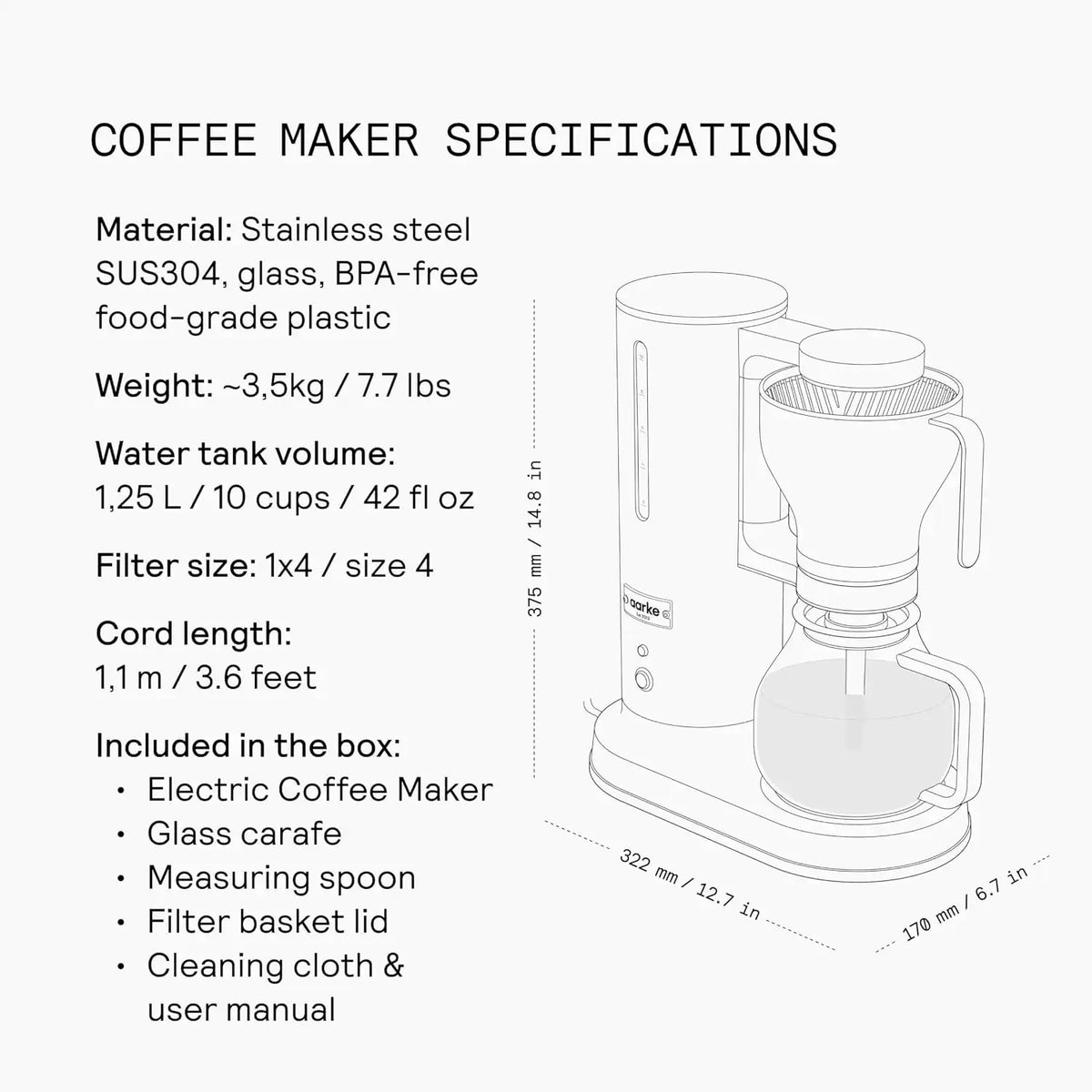 aarke Drip Coffee Maker & Grinder Bundle, 60 Settings, Stainless Steel