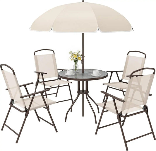 Outsunny 6 Piece Patio Dining Set for 4 with Umbrella, Beige