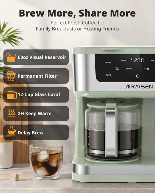 AIRMSEN 12-Cup Programmable Dual Coffee Maker – Single Serve Machine for K-Pods & Ground, 1000W Fast Brew, Delay Start, 2H Keep Warm, Touchscreen, 60oz Tank, Glass Carafe – Home & Office