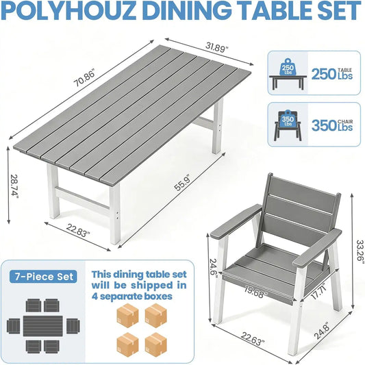 Outdoor Dining Set for 6, 7-Piece Patio Table and Chairs Set, HDPE Outdoor Dining Table and Chairs with Umbrella Hole, All-Weather Dining Furniture Set,White Grey