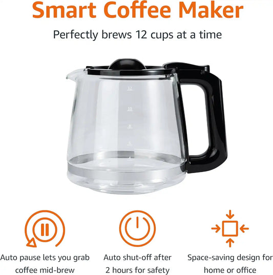 Amazon Basics 12 Cup Drip Coffee Maker with Glass Carafe (1.9 Qt), Auto Shut-off, Auto Pause, Removable Filter Basket, Black & Silver