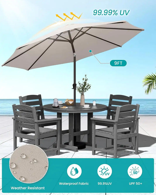 SERWALL 6-Pc Dining Set, 45" Table, 4 Chairs&9FT Umbrella, Grey (No Base)