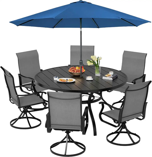 SUNCROWN 8-Piece Outdoor Dining Set, All Weather Patio Furniture Sets with 6 Dark Gray Swivel Textilene Mesh Chairs & Round Metal Table & 1 Dark Blue 9Ft Umbrella for Deck Garden Backyard Poolside