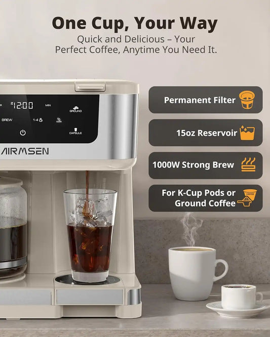 AIRMSEN 12-Cup Programmable Dual Coffee Maker – Single Serve Machine for K-Pods & Ground, 1000W Fast Brew, Delay Start, 2H Keep Warm, Touchscreen, 60oz Tank, Glass Carafe – Home & Office
