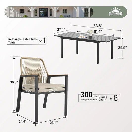 SUNSHINE VALLEY 9pc Patio Dining Set for, Extendable Metal Table & 8 Chairs